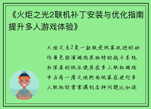 《火炬之光2联机补丁安装与优化指南提升多人游戏体验》
