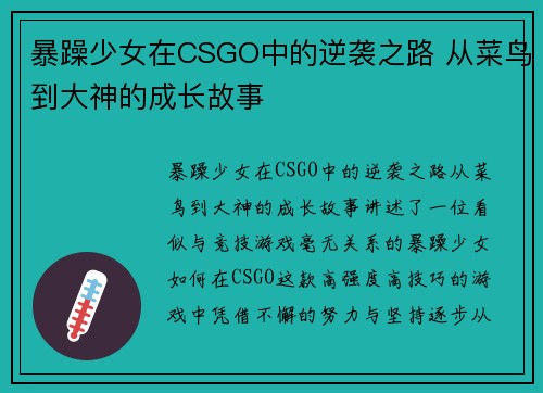 暴躁少女在CSGO中的逆袭之路 从菜鸟到大神的成长故事